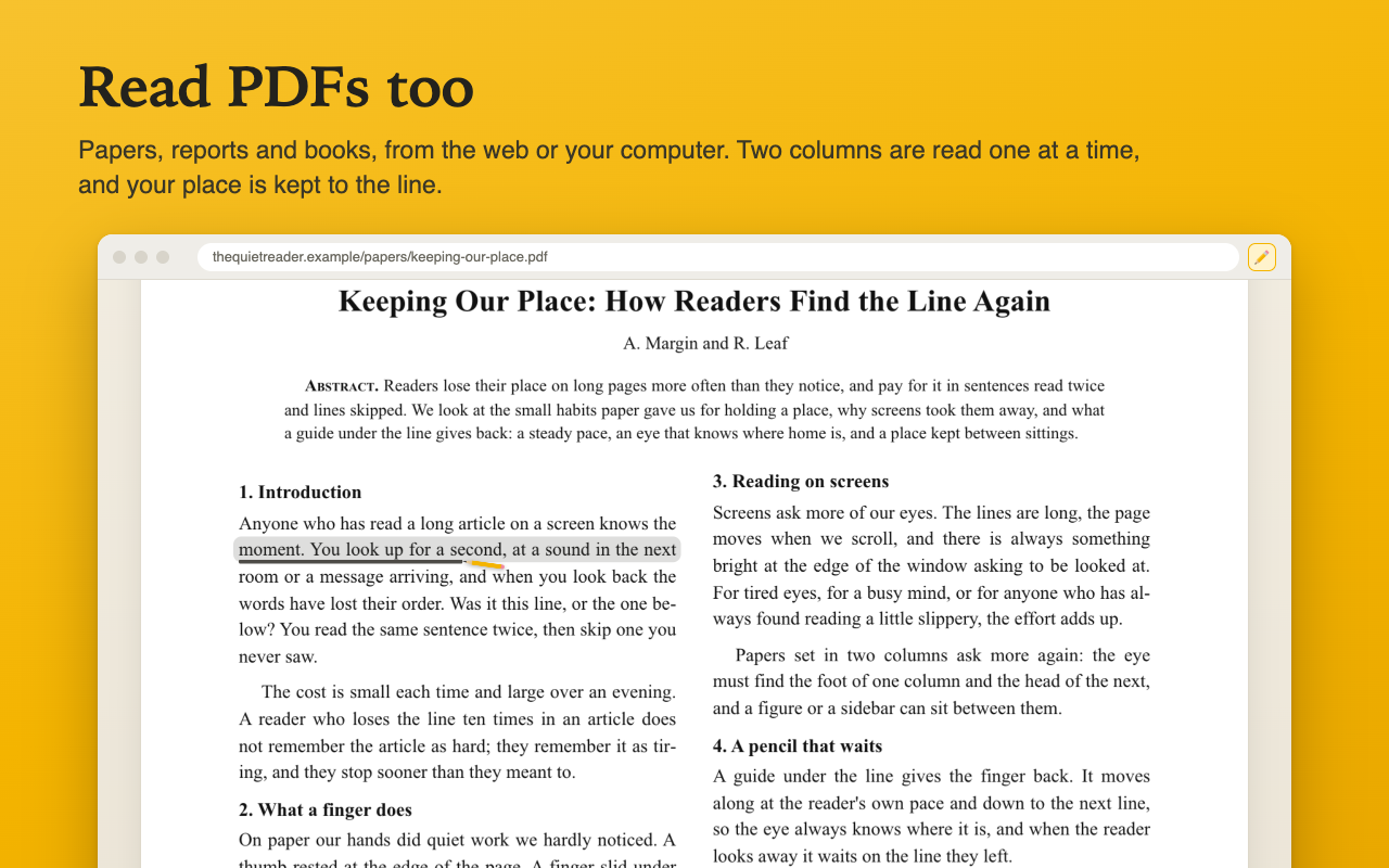 A two-column paper open in Reading Pencil's page, the pencil under a line of the first column